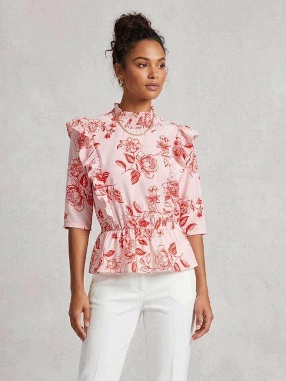 Sugarlips Pink Floral Smocked Peplum Blouse